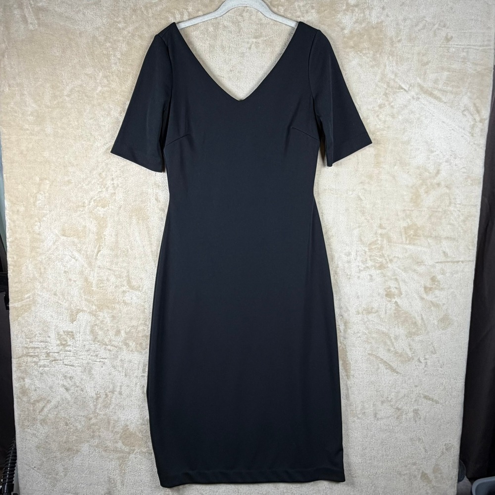 Boston Proper Black V-Neck Wrap Back Sheath Dress Short Sleeve Size 10 Classic‎
